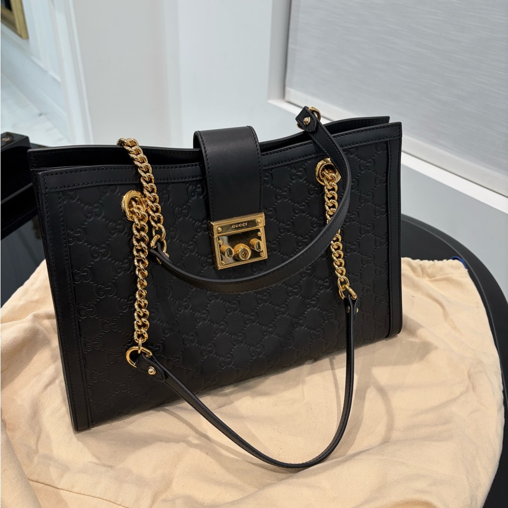 Gucci Black Leather Tote with Gold Chain Accents - Picture 3 of 7